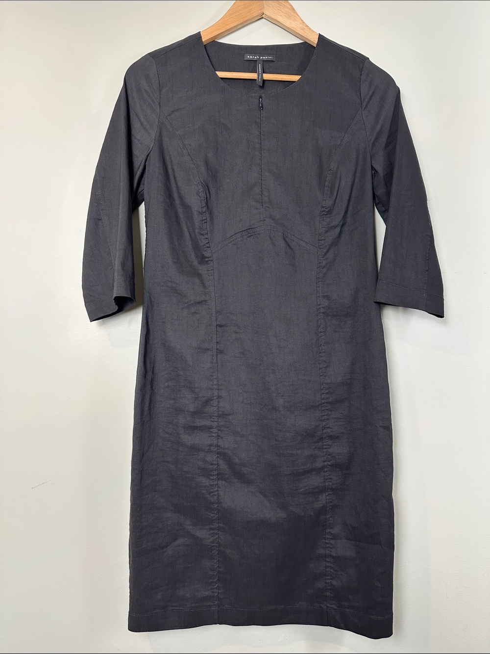 Sarah Pacini Linen Black Midi Sheath Dress Three Quarter Sleeve Minimalist italy